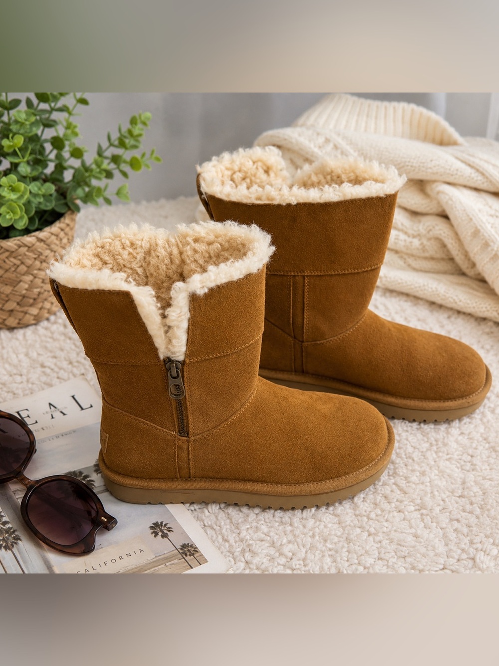 Koolaburra by UGG Aribel Short Fur Lined Zip Cozy Boots Chestnut Size 6
